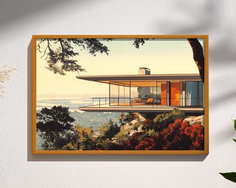 Mid-Century Modern Architecture Print Retro Poster Wall Art Decor Los Angeles Hillside Platform House California Landscape