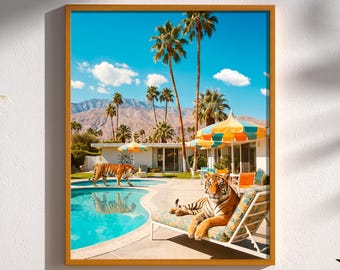 Palm Springs Tiger Print Mid Century Modern Swimming Pool Surreal Desert Retro Wall Art