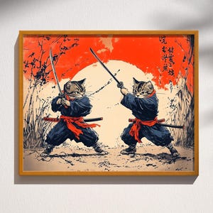 Dueling Samurai Cats Japanese Style Vintage Retro Warrior Feline Poster Print Wall Art Decor