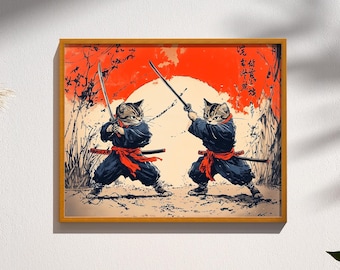 Dueling Samurai Cats Japanese Style Vintage Retro Warrior Feline Poster Print Wall Art Decor