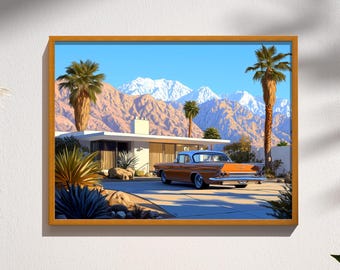 Pôster decorativo retrô com design de arquitetura moderna de meados do século XX de Palm Springs