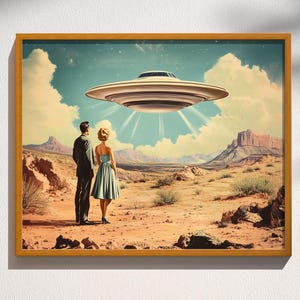 Love & Saucers, UFO Flying Saucer Desert Landscape Alien Retro Sci-Fi Roswell Mid-Century Couple Atomic Age Pulp Art Decor Print Poster