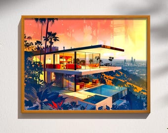 Los Angeles Mid Century Modern Wall Art | Hillside House Print | California Architecture Poster |  | California Modernism