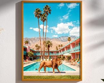 Palm Springs Lejon Mid Century Modern Retro Väggkonst Surrealistisk Ökenmotelltryck