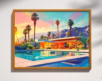 May include: A framed art print depicts a mid-century modern home with a pool, palm trees, and mountains under a colorful sunset sky. The artwork features a vibrant color palette of blues, oranges, and greens, evoking a sense of warmth and leisure.