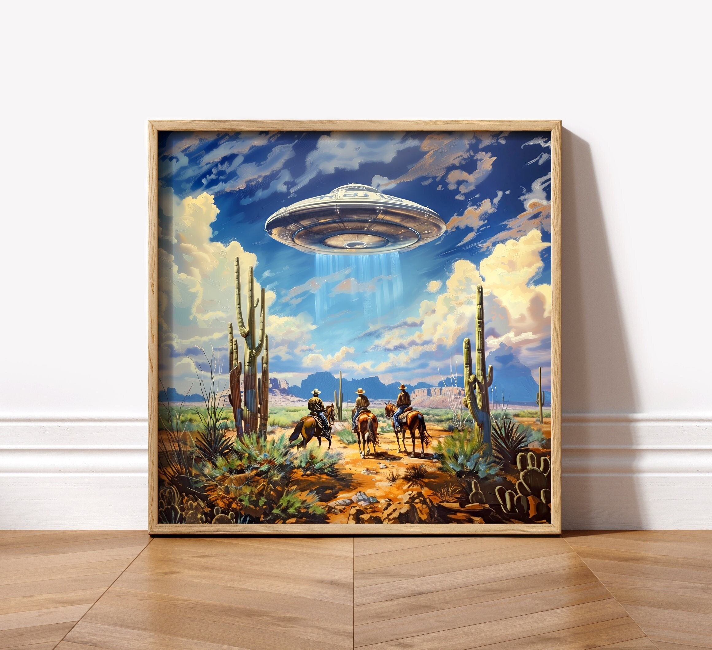 Aliens and Cowboys Retro Western Sci-fi UFO Wall Art Decor Print