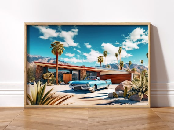 Retro Futuristic Mid Century Modern Home Sci-fi Fifties Car Palm Springs Photo-Realistic Space Atomic Age Wall Art Decor Print Poster