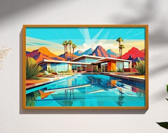 May include: A framed art print depicting a mid-century modern home with a pool. The artwork features a vibrant color palette of blues, oranges, and greens, with palm trees and mountains in the background. The print is in a wooden frame.