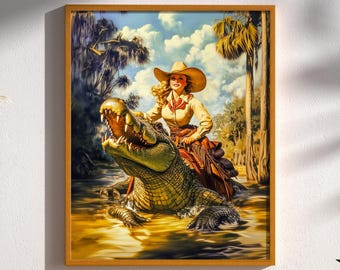 Cowgirl of the Swamp Retro Western Cowgirl Vintage Kitschy Americana 1950's Fun Cute Southern Gothic Mid-Century Pulp Art Decor Print Poster