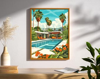 Palm Springs Mid Century Modern Home Orange Green Travel Poster