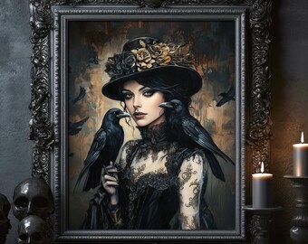 Crow Lady Gothic Victorian Woman Vintage Raven Girl Digital Oil Painting Print Poster Dark Academia Wall Art Halloween Decor