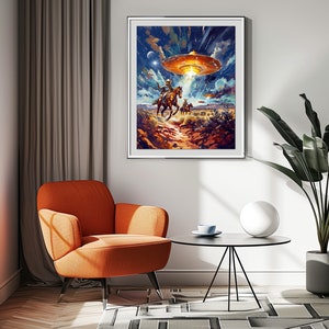 Aliens and Cowboys Retro Western Sci-fi UFO Wall Art Decor Print Poster ...