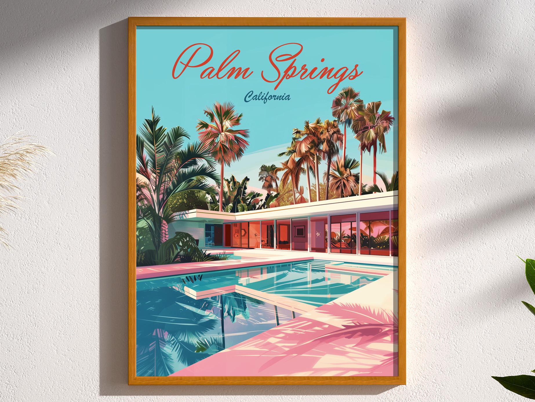 Palm Springs Mid Century Modern Home Pink and Blue Travel Poster