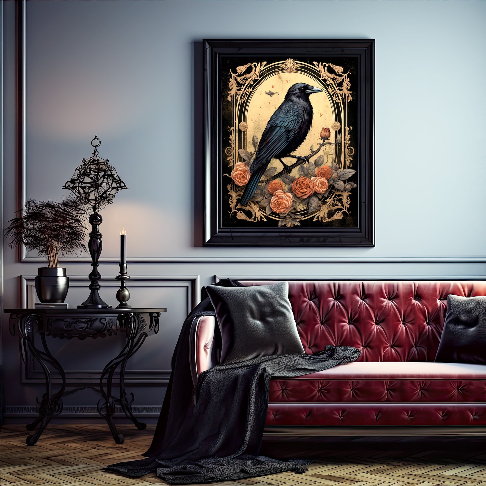 Raven Crow With Roses Vintage Gothic Filigree Border Art Nouveau Poster ...