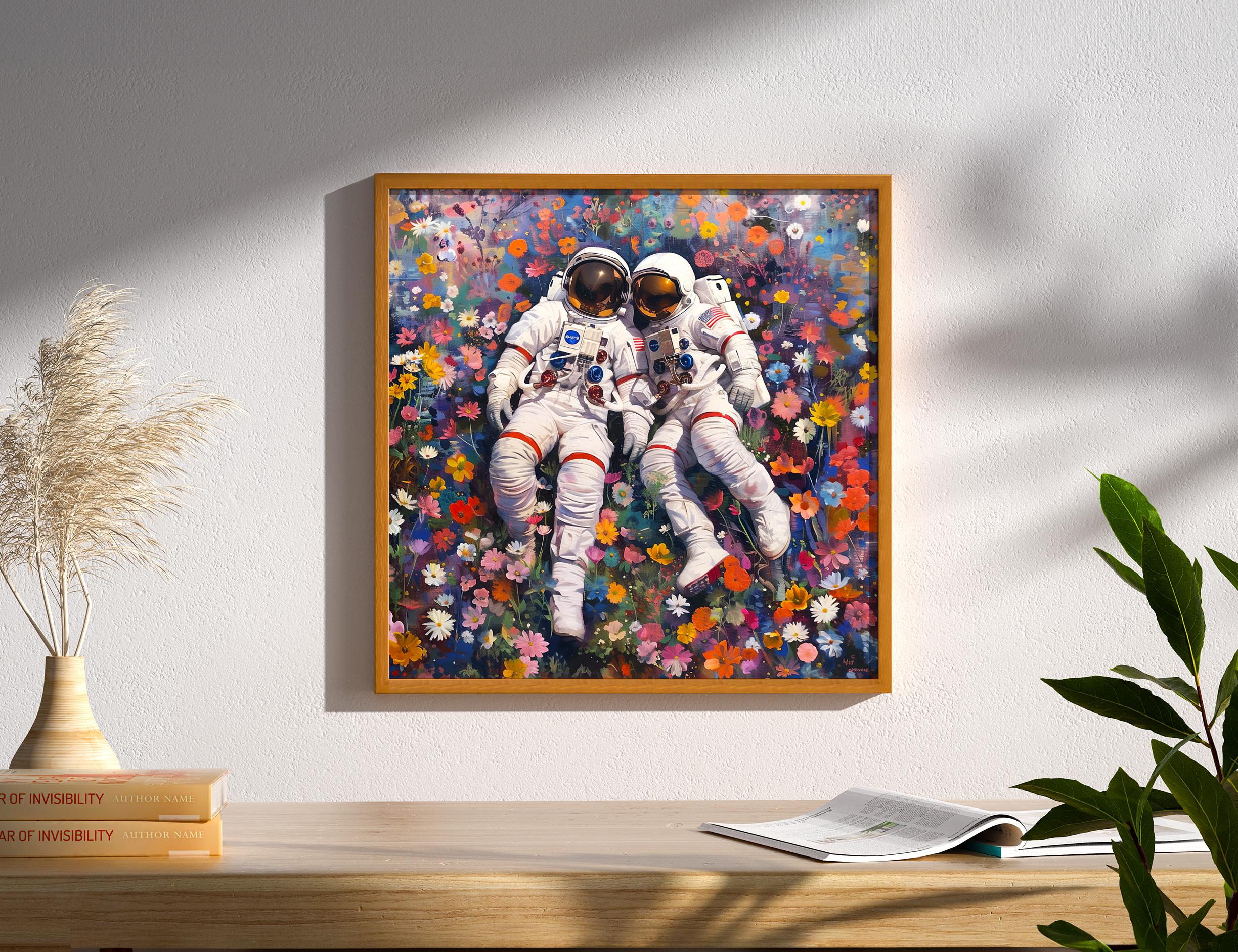 Tableau Sur Toile "Astronaute Dans Un Lit De Fleurs" - Art Rétro Futuriste, Toile Tendue Sur Châssis, Prêt à Accrocher