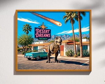 Palm Springs Desert Dreams T-Rex Mid-Century Modern Dinosaur Print Retro Atomic Age Dark Humor Archival Paper