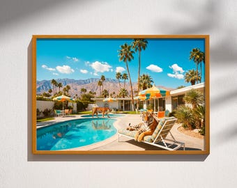 Palm Springs Tiger Print Mid Century Modern Swimming Pool Surreal Desert Retro Wall Art