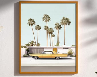 Arte de parede moderna de meados do século XX em Palm Springs | Impressão retrô de casa californiana | Pôster de arquitetura moderna do deserto | Decoração amarela