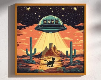 Beam Meow Up, Purr-suit of the Unknown, UFO Vintage Retro SciFi Funny Cat Retro Sci-Fi Roswell Mid Century Print Poster Wall Art