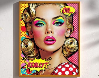 Pop Art Woman Print, Empowering Female Portrait, Comic Style Wall Art, Bold Color Illustration, Feminine Power Decor, Retro Pop Art Poster