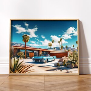 May include: A vintage blue convertible car parked in front of a mid-century modern house with a palm tree lined driveway. The house has a flat roof and large windows. The sky is blue with white clouds.