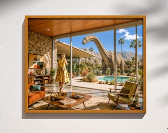 Mid Century Modern Dinosaur Palm Springs Pool Art Print Retro Atomic Age Desert Modern Dark Humor Apocalypse Artwork Wall Decor