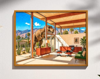 Mid-Century Modern Dinosaur Art Palm Springs T-Rex Print Retro Atomic Age Dark Humor Archival Paper