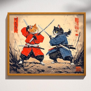 Dueling Samurai Cats Japanese Style Vintage Retro Warrior Feline Poster Print Wall Art Decor