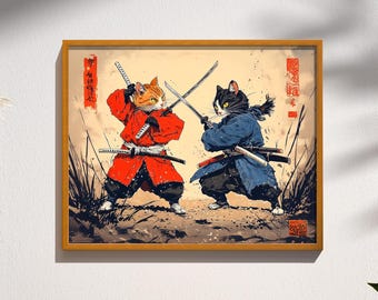 Dueling Samurai Cats Japanese Style Vintage Retro Warrior Feline Poster Print Wall Art Decor