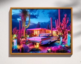 Neon Nights & Cactus Delights, Palm Spring Desert Retro Mid-Century Modern Space Age Atomic Wall Art Decor Print Poster