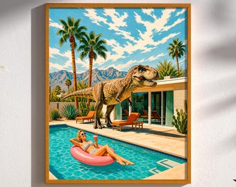 Palm Springs Dinosaur Mid Century Modern Pool Art Print Retro Atomic Age Desert Modern Dark Humor Apocalypse Artwork Wall Decor