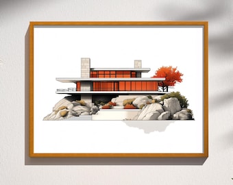 Impression maison style artisan des prairies, architecture du XXe siècle, arts et artisanat, affiche imprimée bio usonienne, décoration murale, cadeau d'architecte