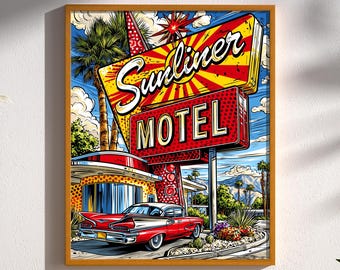 Palm Springs Motel Print, Retro Pop Art, Mid Century Modern Wall Art, Classic Car Illustration, Desert Roadside Decor, Colorful Motel Poster