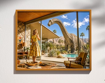 Mid Century Modern Dinosaur Palm Springs Pool Art Print Retro Atomic Age Desert Modern Dark Humor Apocalypse Artwork Wall Decor