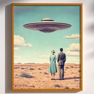 Desert Encounter, UFO Flying Saucer Desert Landscape Alien Retro Sci-Fi Roswell Mid-Century Couple Atomic Age Pulp Art Decor Print Poster