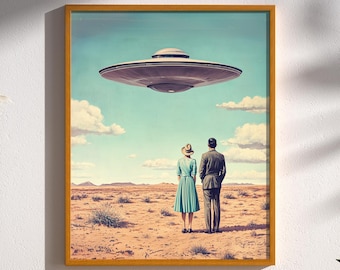 Desert Encounter, UFO Flying Saucer Desert Landscape Alien Retro Sci-Fi Roswell Mid-Century Couple Atomic Age Pulp Art Decor Print Poster