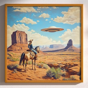 Cowgirls and Aliens Retro Western Sci-Fi UFO Wall Art Decor Print Poster Alien Art Roswell Cosmic 50s 60s Mid Century Modern Cowboy Pulp Art