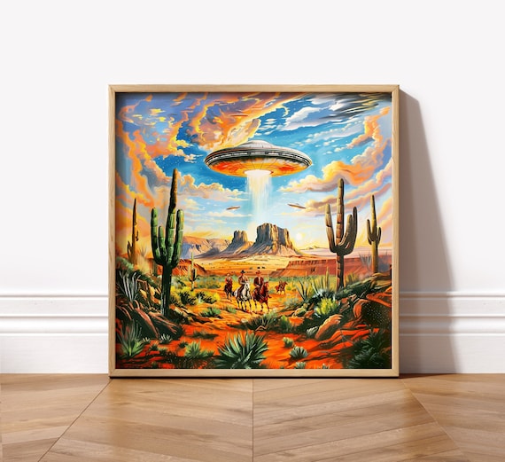 Aliens and Cowboys Retro Western Sci-fi UFO Wall Art Decor Print