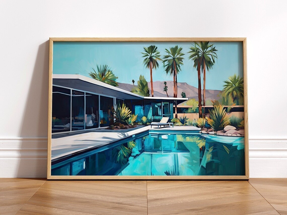 Mid-century Modern Architecture Swimming Pool Print Wall Art Painting ...