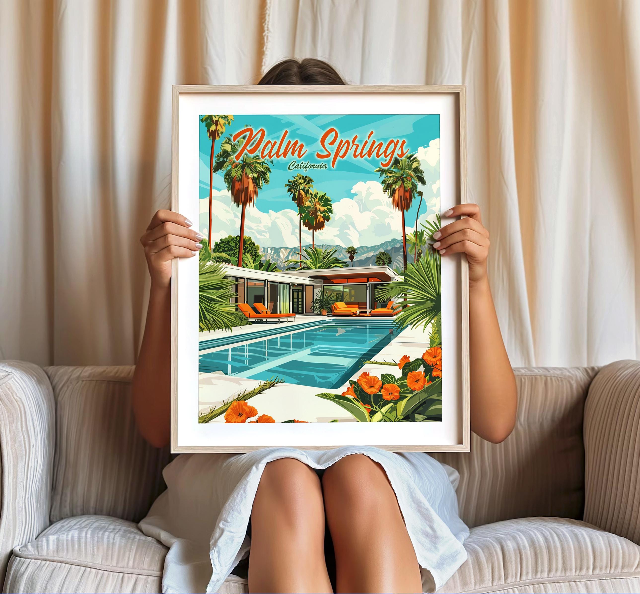 Palm Springs Mid Century Modern Home Orange Green Travel Poster