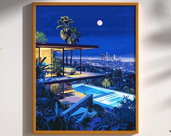 May include: A modern, multi-level house with a swimming pool and a view of a city skyline at night. The house has a large window overlooking the city and a balcony with a view of the pool. The moon is visible in the sky.