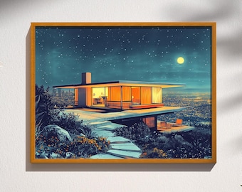Mid-Century Modern over LA Architecture Los Angeles Hillside Platform House California Landscape Retro Print Poster Wall Art Decor