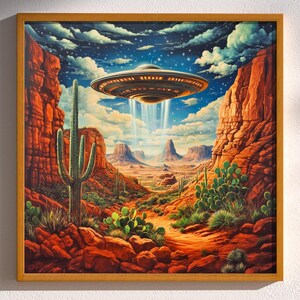 Canyon Contact, UFO Flying Saucer Desert Landscape Alien Retro Western Sci-Fi Roswell Mid-Century Atomic Age Pulp Art Decor Print Poster