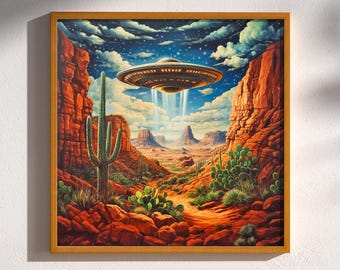 Canyon Contact, UFO Flying Saucer Desert Landscape Alien Retro Western Sci-Fi Roswell Mid-Century Atomic Age Pulp Art Decor Print Poster