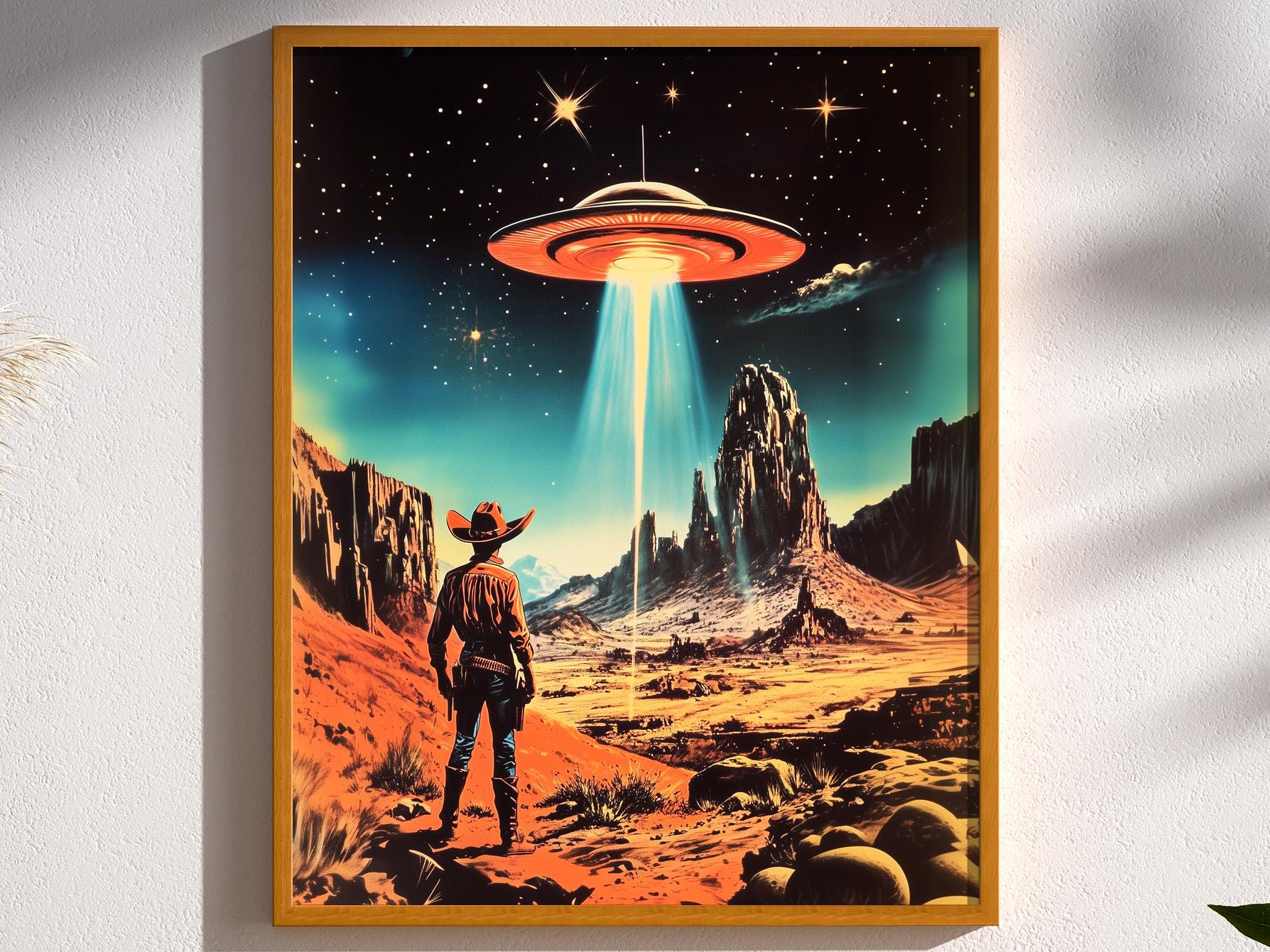 Aliens and Cowboys Retro Western Sci-fi UFO Wall Art Decor Print 