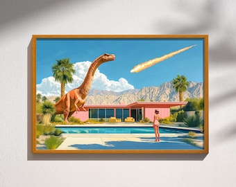Mid Century Modern Dinosaur Palm Springs Pool Art Print Retro Atomic Age Desert Modern Dark Humor Apocalypse Artwork Wall Decor