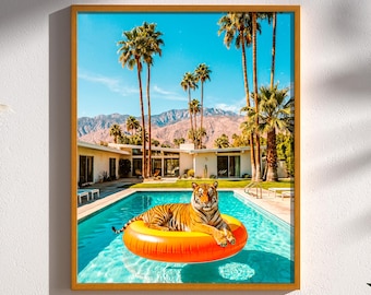 Palm Springs Mid Century Modern Retro Wall Art | Surreal Desert Scene | Mid-Century Tiger Print