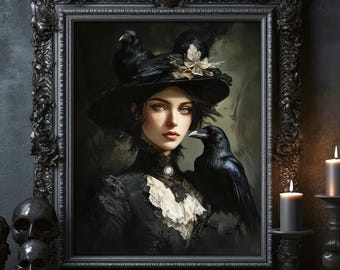 Crow Lady Gothic Victorian Woman Vintage Raven Girl Digital Oil Painting Print Poster Dark Academia Wall Art Halloween Decor