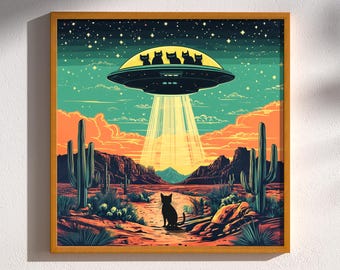 Queues de la zone 51, cactus, chats et rayons cosmiques, OVNI vintage rétro science-fiction drôle chat rétro science-fiction Roswell Mid Century impression affiche art mural