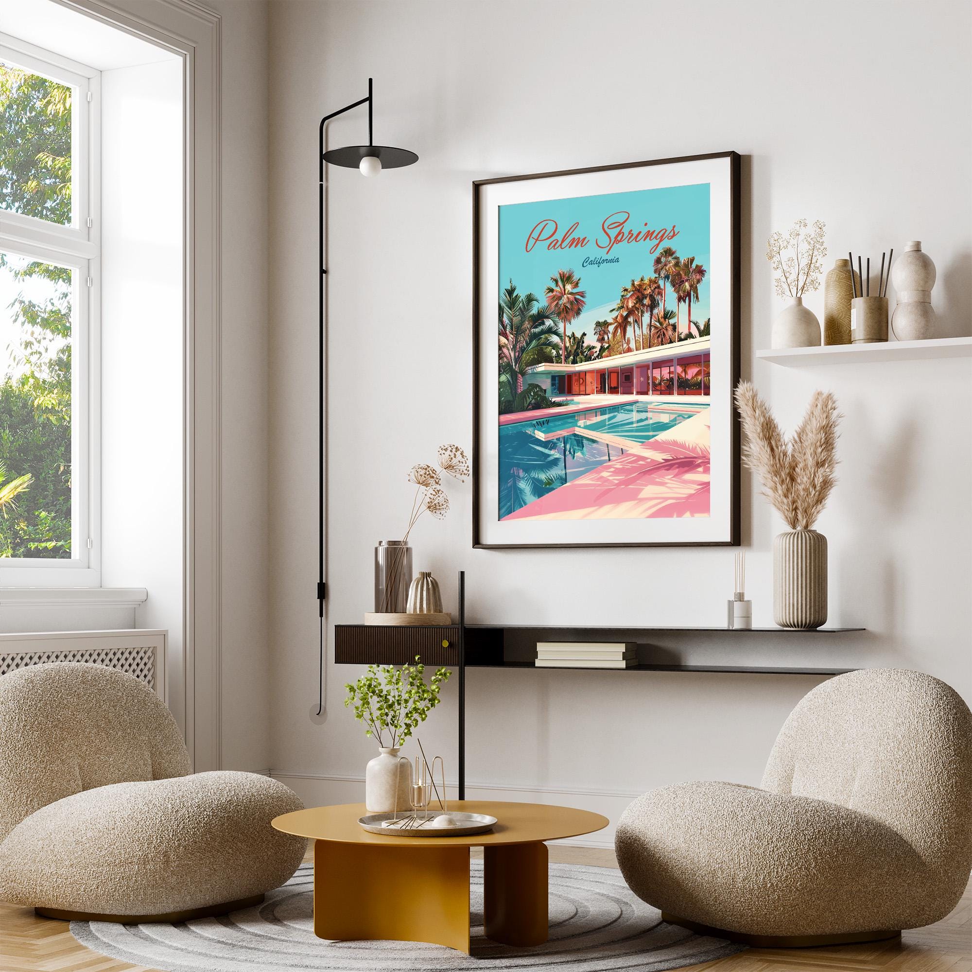 Palm Springs Mid Century Modern Home Pink and Blue Travel Poster